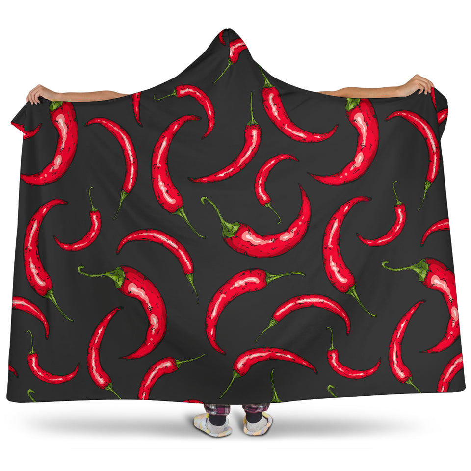 Chili Peppers Pattern Black Background Hooded Blanket