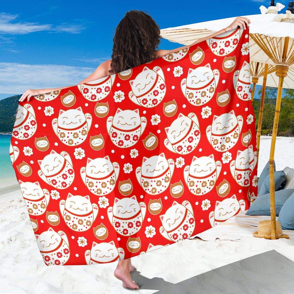 Cute Maneki Neko Lucky Cat Red Background Sarong