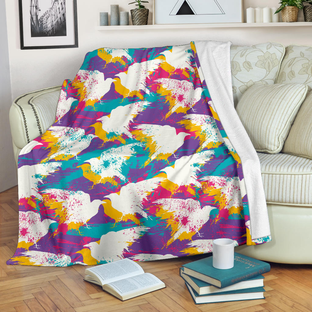 Colorful Crow Illustration Pattern Premium Blanket