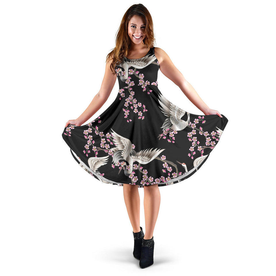 Japanese Crane Pink Sakura Pattern Sleeveless Midi Dress