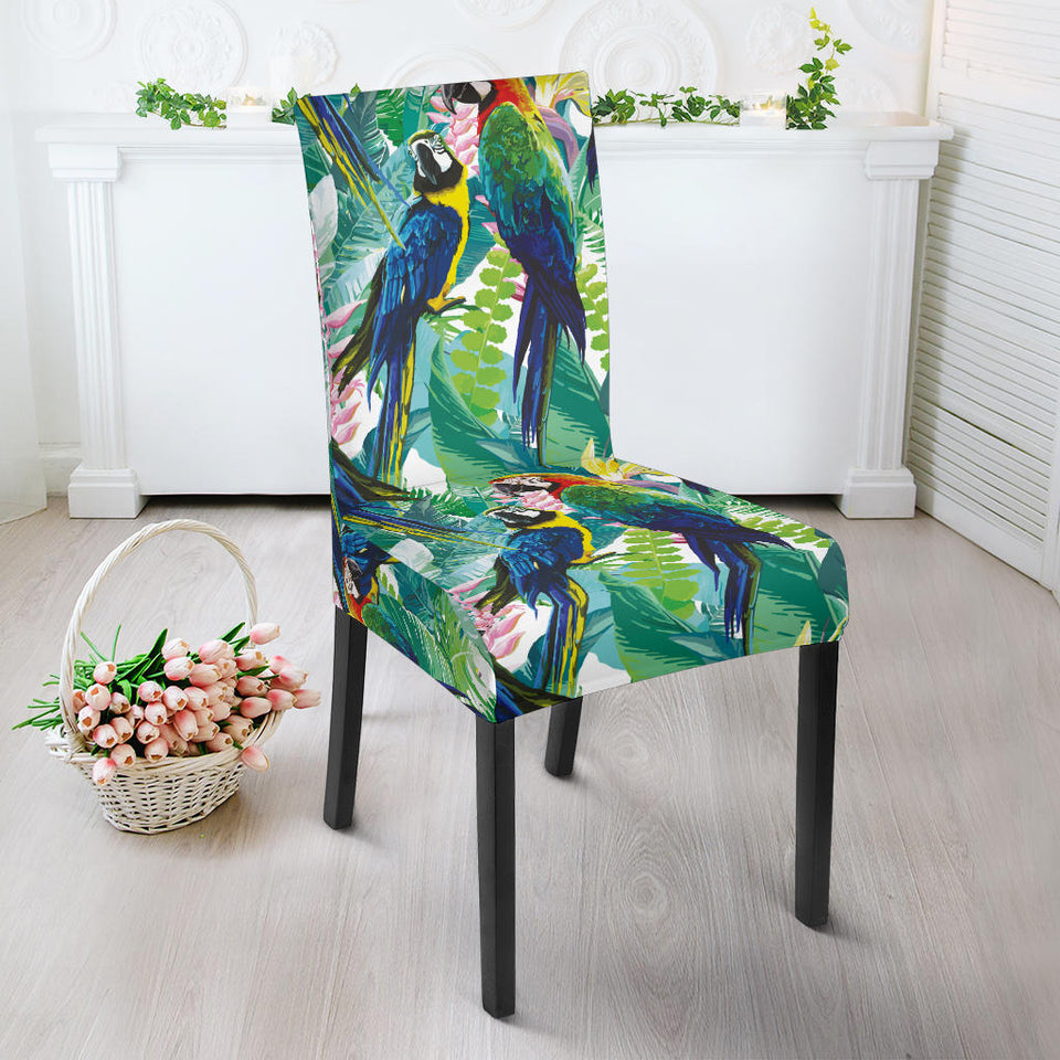 Colorful Parrot Exotic Flower Leaves Dining Chair Slipcover