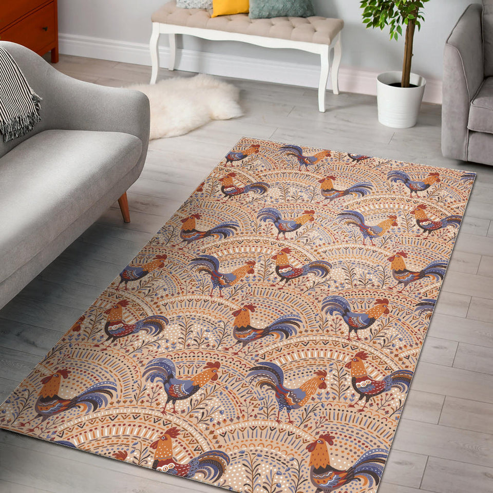 Cute Rooster Chicken Cock Floral Ornament Background Area Rug