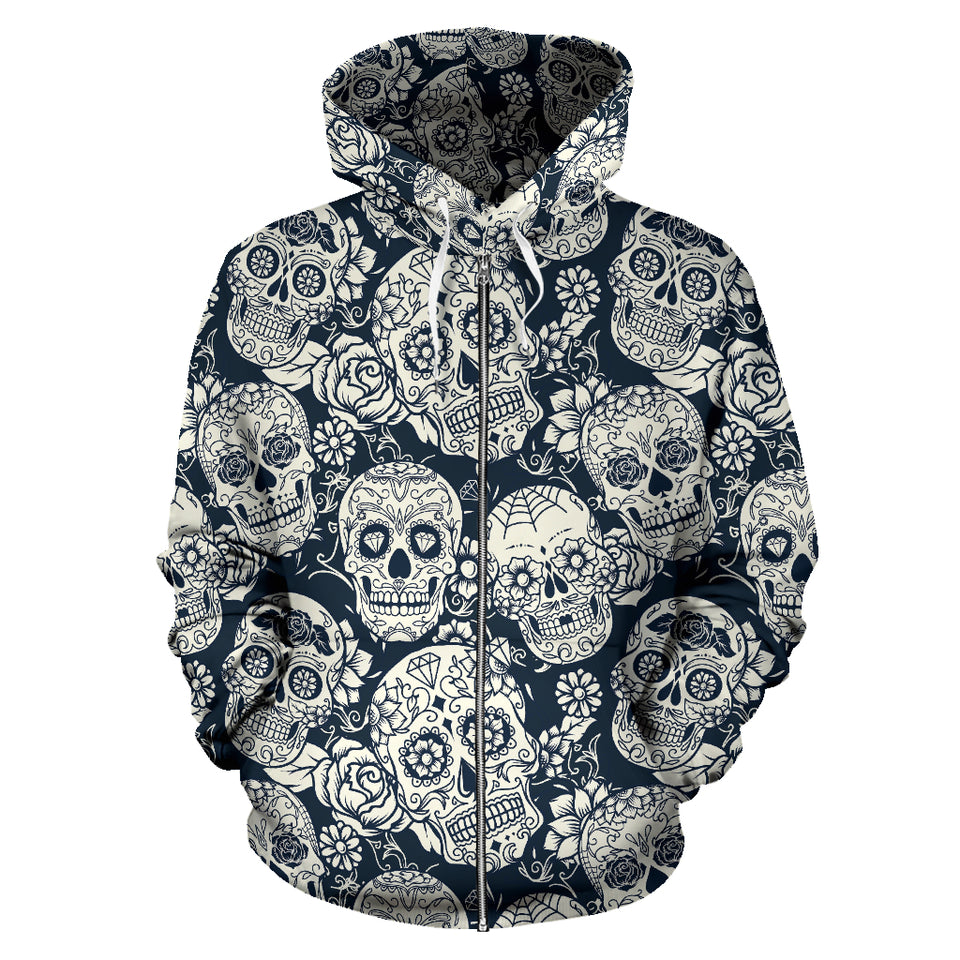Sugar Skull Black White Pattern Zip Up Hoodie