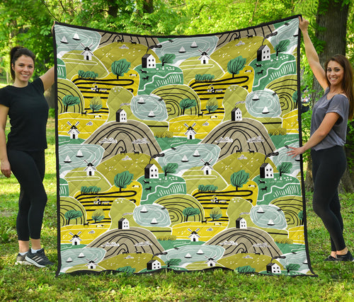 Hand Drawn Windmill Pattern Premium Quilt