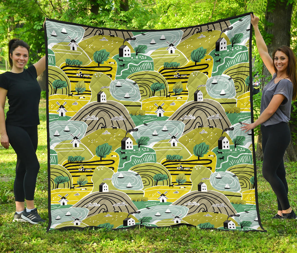 Hand Drawn Windmill Pattern Premium Quilt