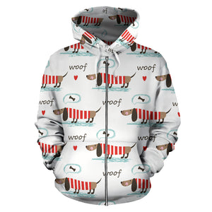 Cute Dachshund Bone Pattern Zip Up Hoodie