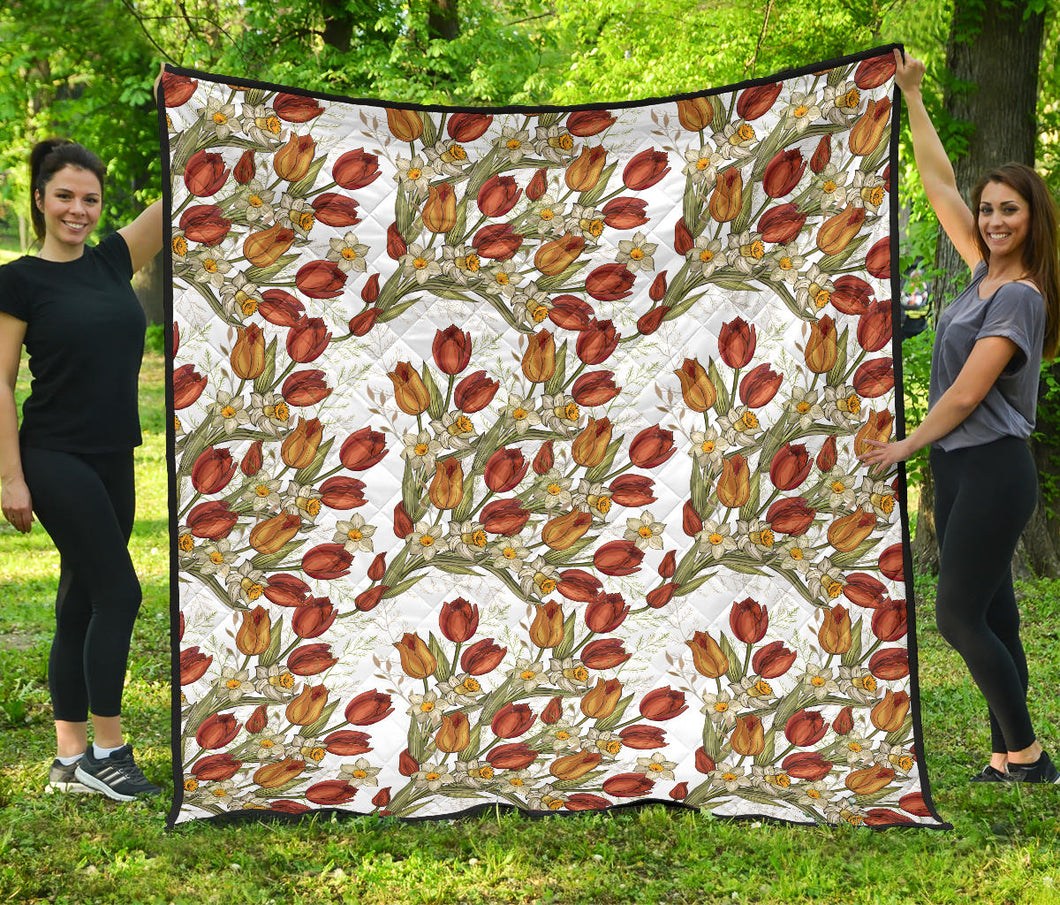 Red Tulips And Daffodils Pattern Premium Quilt
