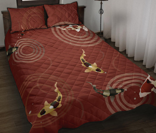 Koi Fish Carp Fish red background Quilt Bed Set