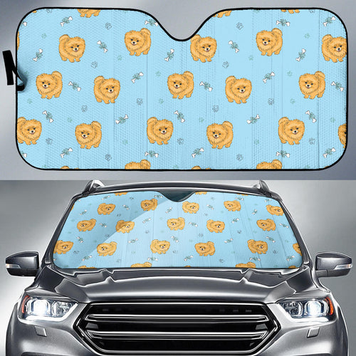 Brown Cute Pomeranian Blue Blackground Car Sun Shade
