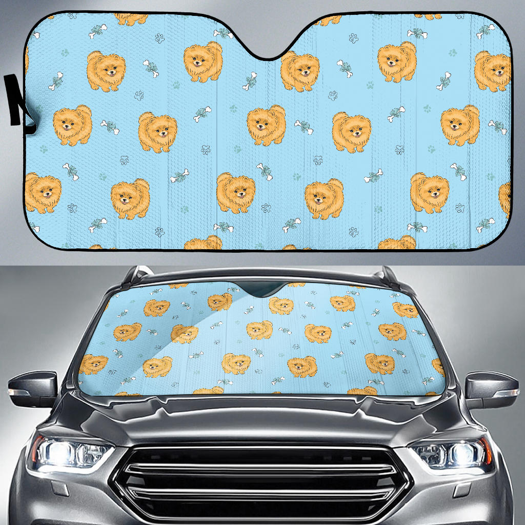 Brown Cute Pomeranian Blue Blackground Car Sun Shade