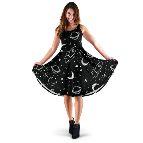 Hand Drawn Space Rocket Star Planet Sleeveless Midi Dress