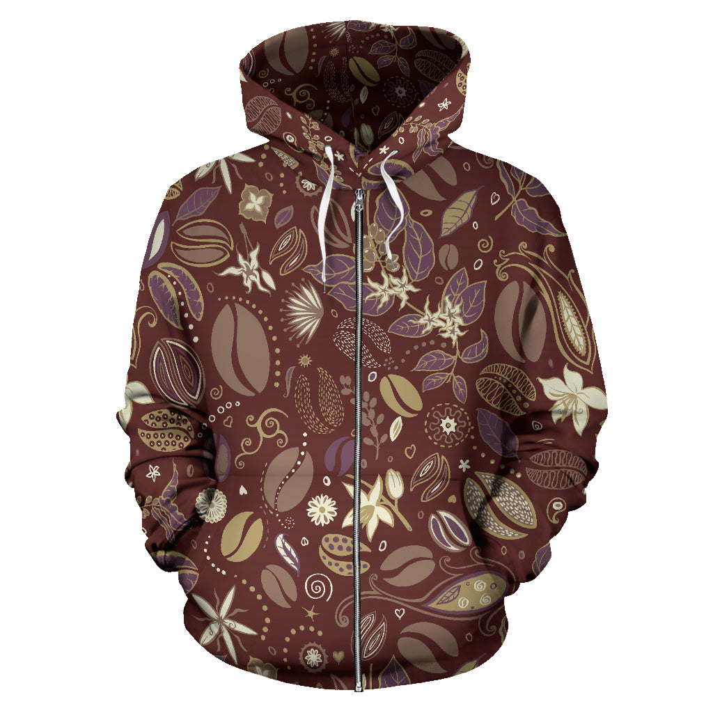 Coffee Bean Flower Pattern Zip Up Hoodie