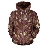 Coffee Bean Flower Pattern Zip Up Hoodie