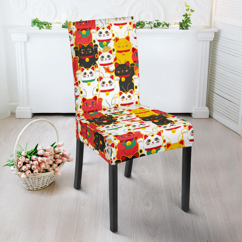 Colorful Maneki Neko Lucky Cat Pattern Dining Chair Slipcover