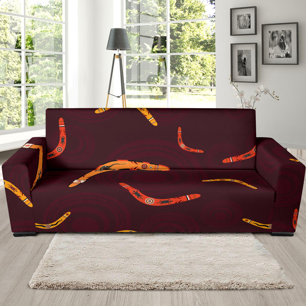 Boomerang Australian Aboriginal Ornament Circle Black Background Sofa Slipcover