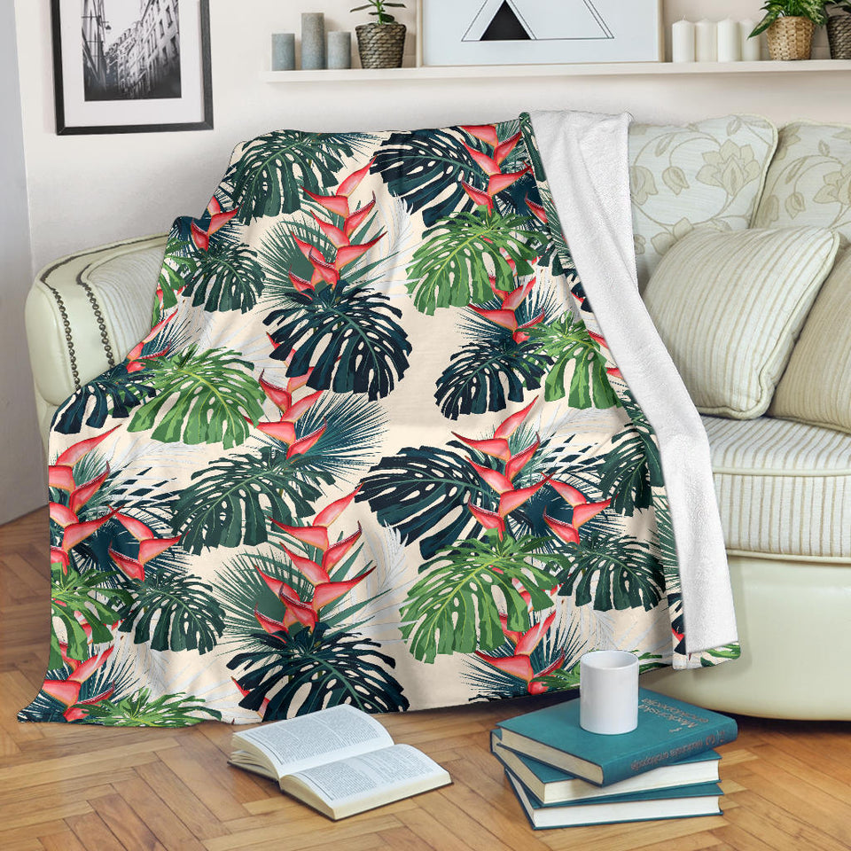 Heliconia Flowers, Palm And Monstera Leaves Premium Blanket