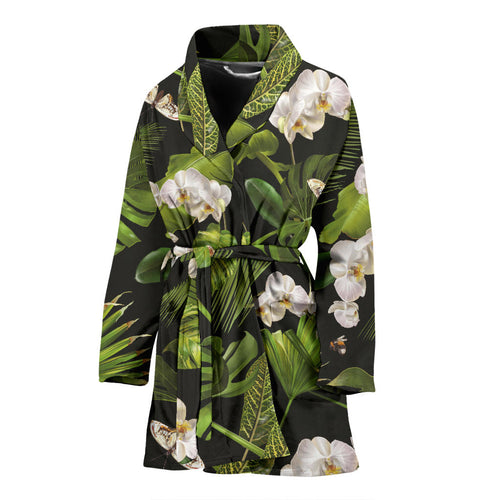 White Orchid Flower Tropical Leaves Pattern Blackground Women'S Bathrobe