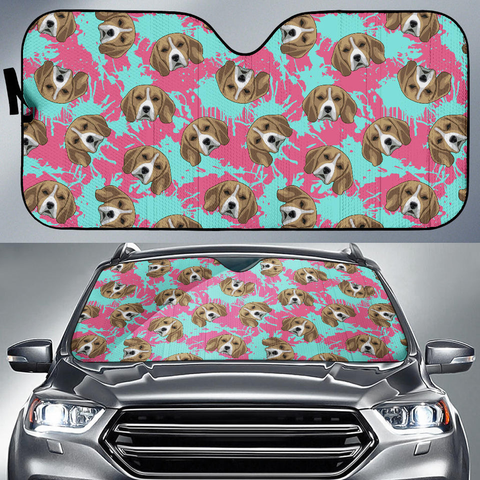 Beagle Muzzles Turquoise Paint Splashes Pink Pattern Car Sun Shade