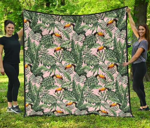Toucan Tropical Green Jungle Palm Pattern Premium Quilt