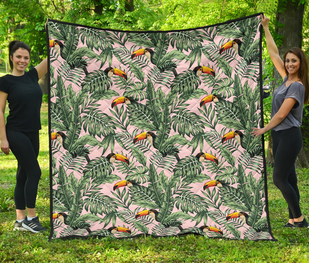 Toucan Tropical Green Jungle Palm Pattern Premium Quilt