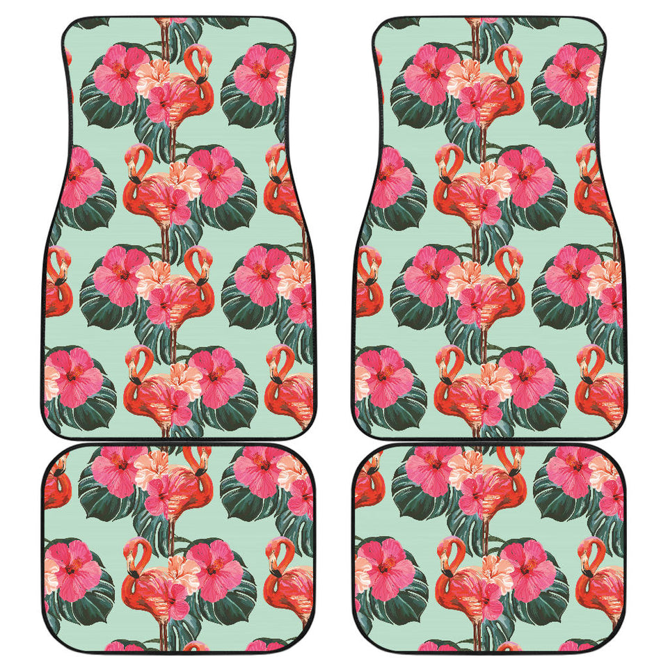 Beautiful Flamingo Tropical Palm Leaves Hibiscus Pateern Background Front And Back Car Mats