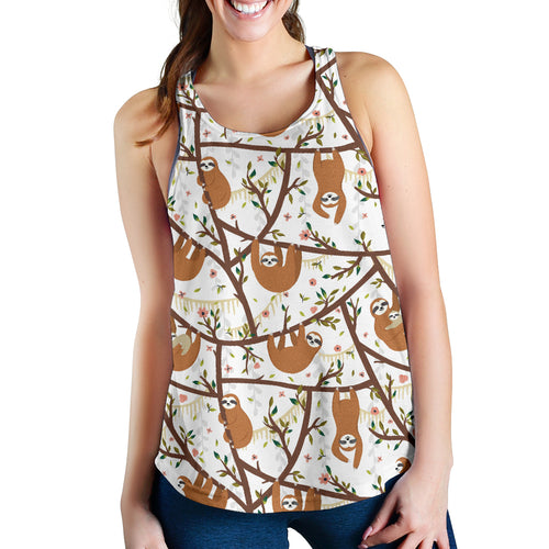 Sloths hanging on the tree pattern Women Racerback Tank Top