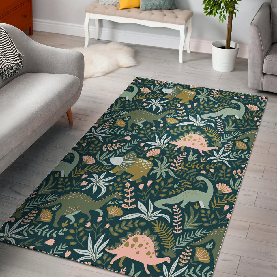 Dinosaurs Tropical Leaves Flower Pattern Area Rug