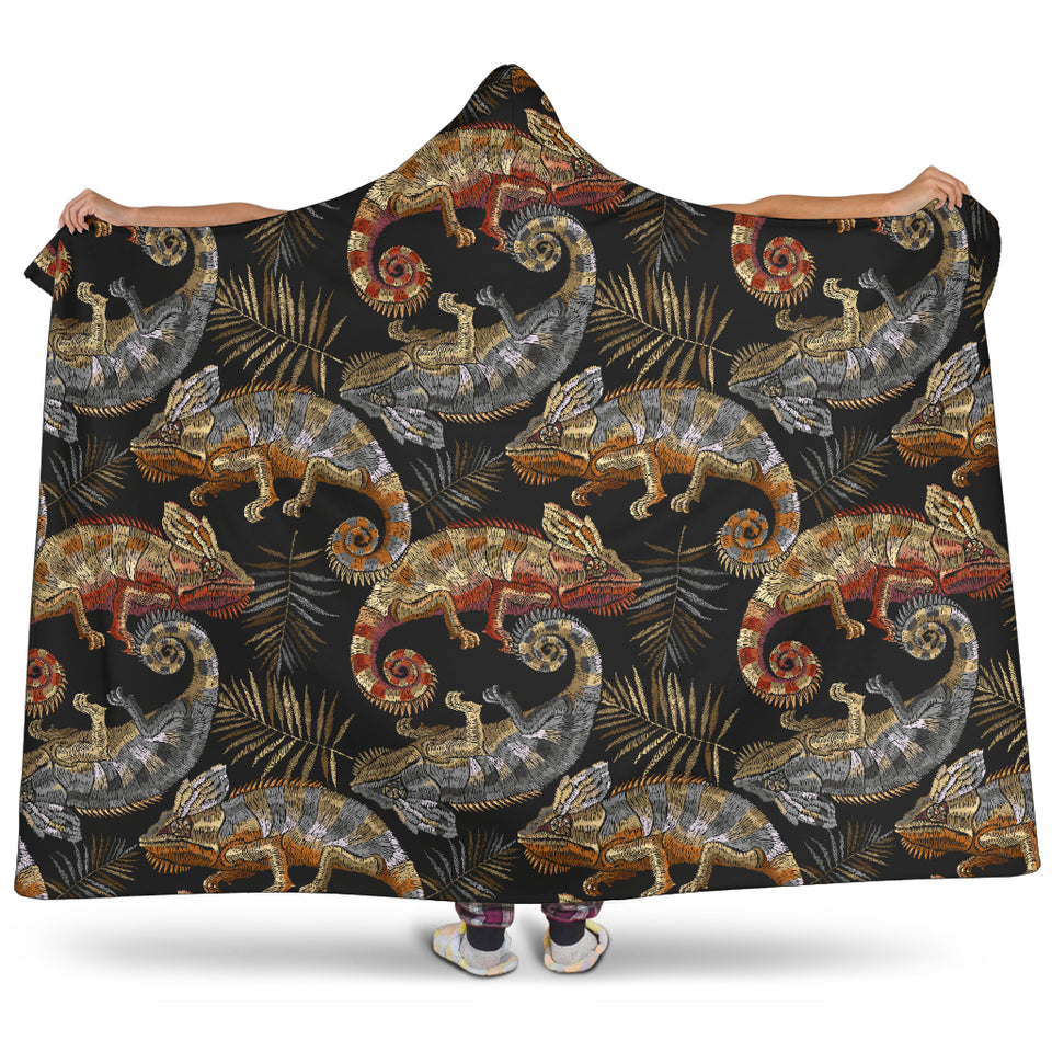 Chameleon Lizard Tropical Leaves Palm Tree Hooded Blanket