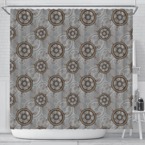 Nautical Wood Steering Wheel Pattern Shower Curtain Fulfilled In US