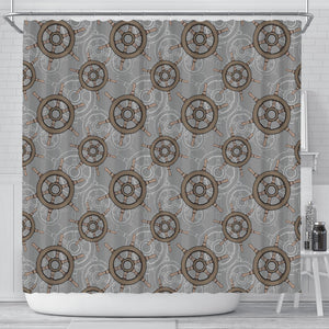 Nautical Wood Steering Wheel Pattern Shower Curtain Fulfilled In US
