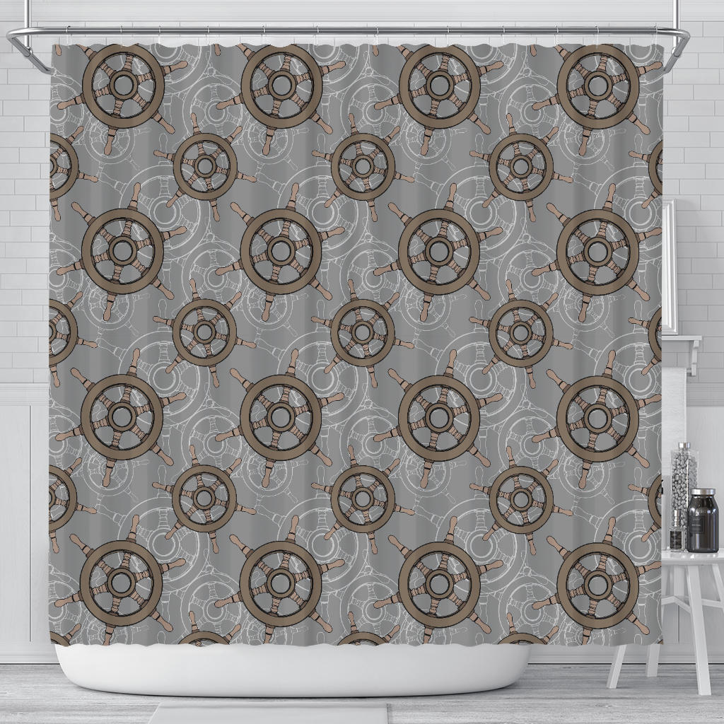 Nautical Wood Steering Wheel Pattern Shower Curtain Fulfilled In US