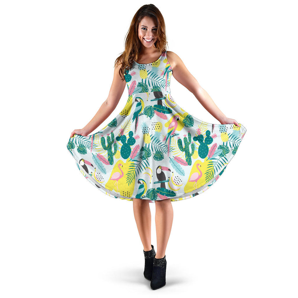 Cute Parrot Toucan Flamingo Cactus Exotic Leaves Pattern Sleeveless Midi Dress