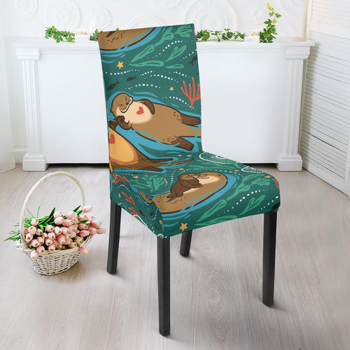 Cute Brown Sea Otters Ornamental Seaweed Corals Green Water Dining Chair Slipcover