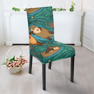 Cute Brown Sea Otters Ornamental Seaweed Corals Green Water Dining Chair Slipcover