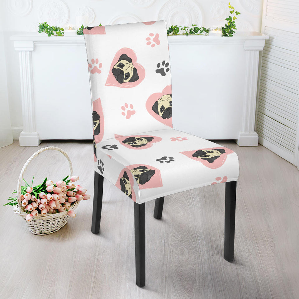 Cute Pugs Pink Heart Paw Pattern Dining Chair Slipcover
