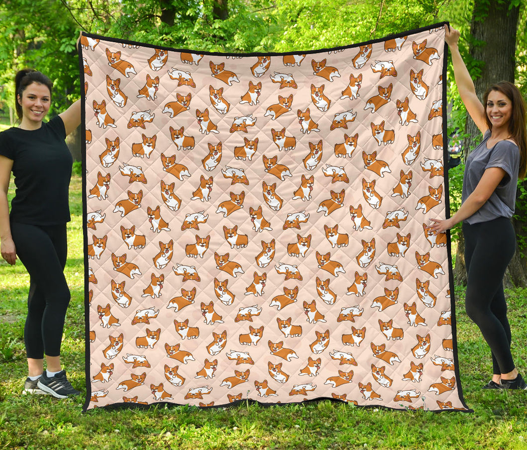 Cute Corgis Pattern Pink Background Premium Quilt