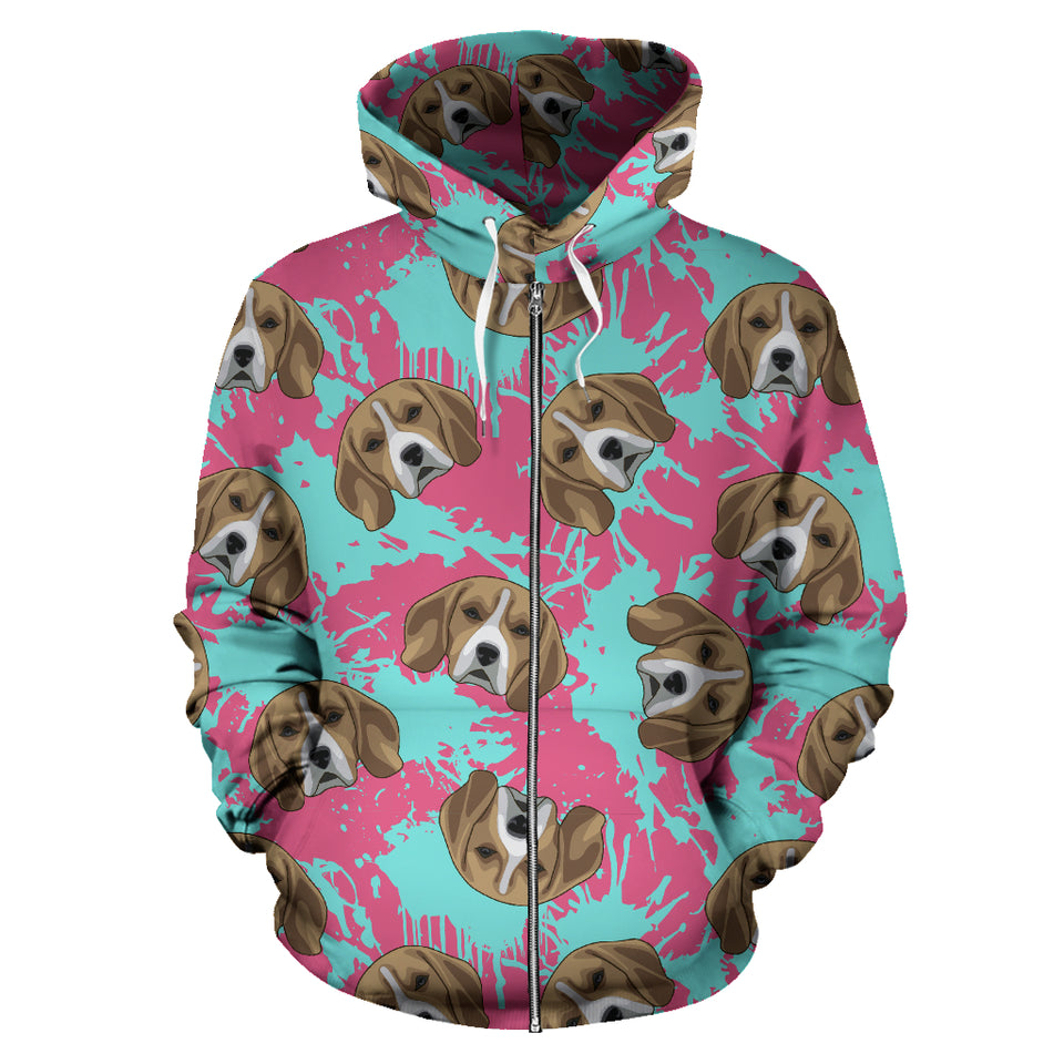 Beagle Muzzles Turquoise Paint Splashes Pink Pattern Zip Up Hoodie