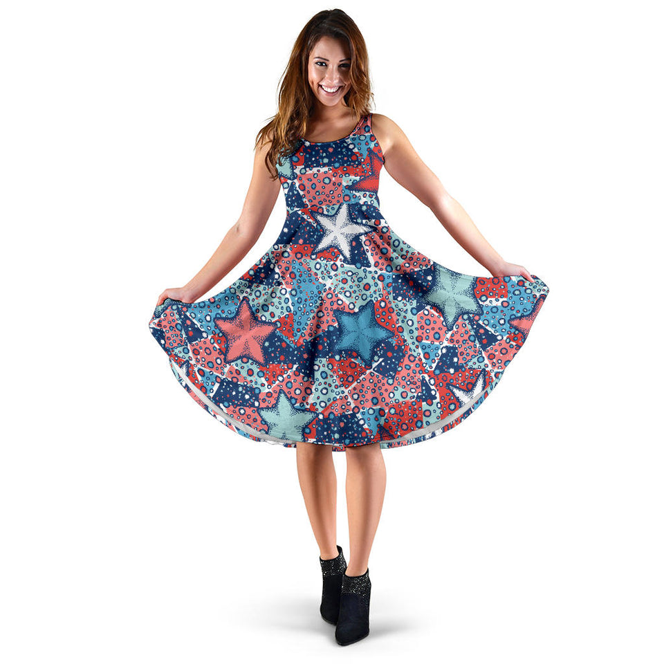 Hand Drawn Colorful Starfish Sleeveless Midi Dress