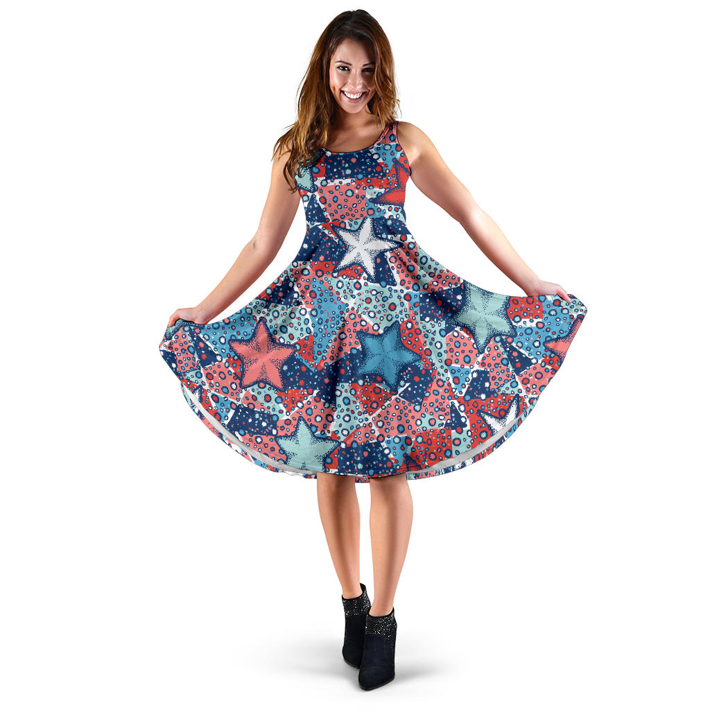Hand Drawn Colorful Starfish Sleeveless Midi Dress
