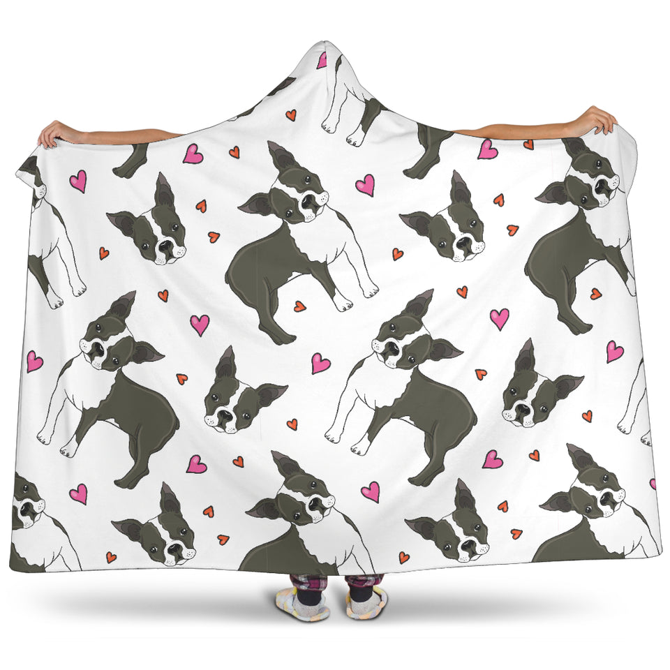 Boston Terrier Dog Hearts Vector Pattern Hooded Blanket