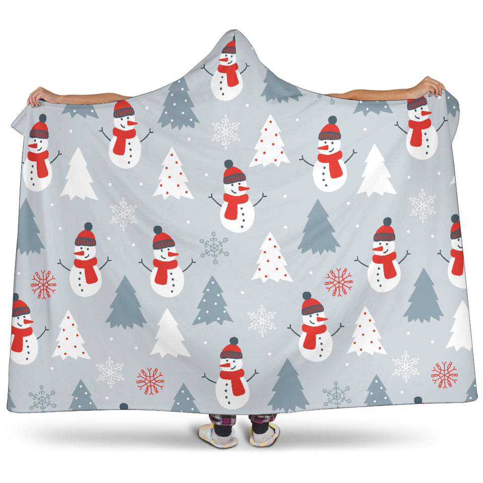 Snowman Christmas  Tree Snow Gray Background Hooded Blanket