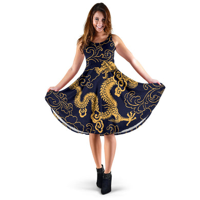 Gold Dragon Pattern Sleeveless Midi Dress