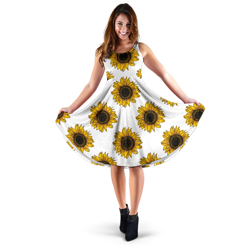 Sunflowers Design Pattern Sleeveless Midi Dress