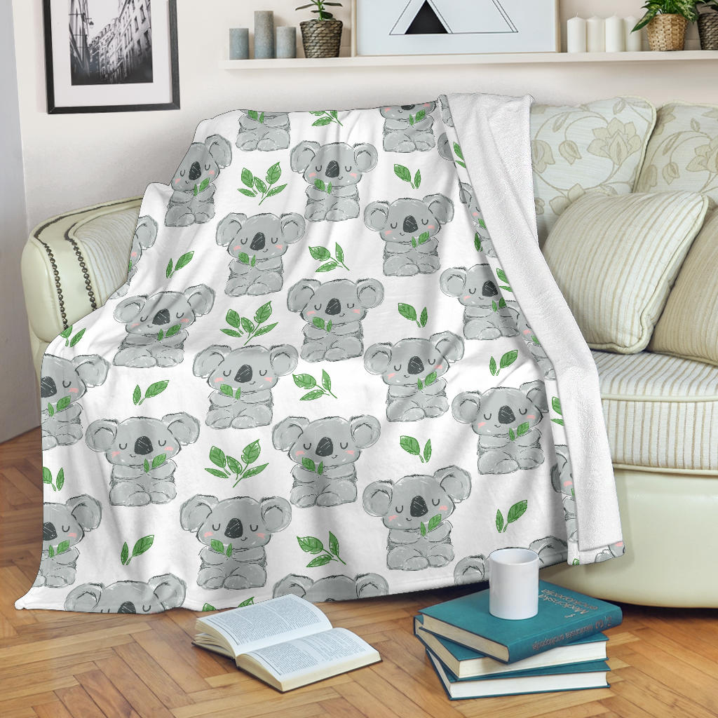 Hand Drawn Koala Leaves Pattern Premium Blanket