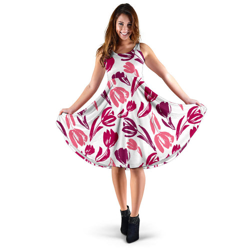 Pink Sketch Tulip Pattern Sleeveless Midi Dress