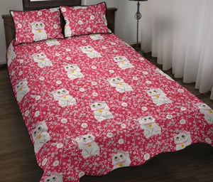 Maneki Neko Lucky Cat sakura pink background Quilt Bed Set
