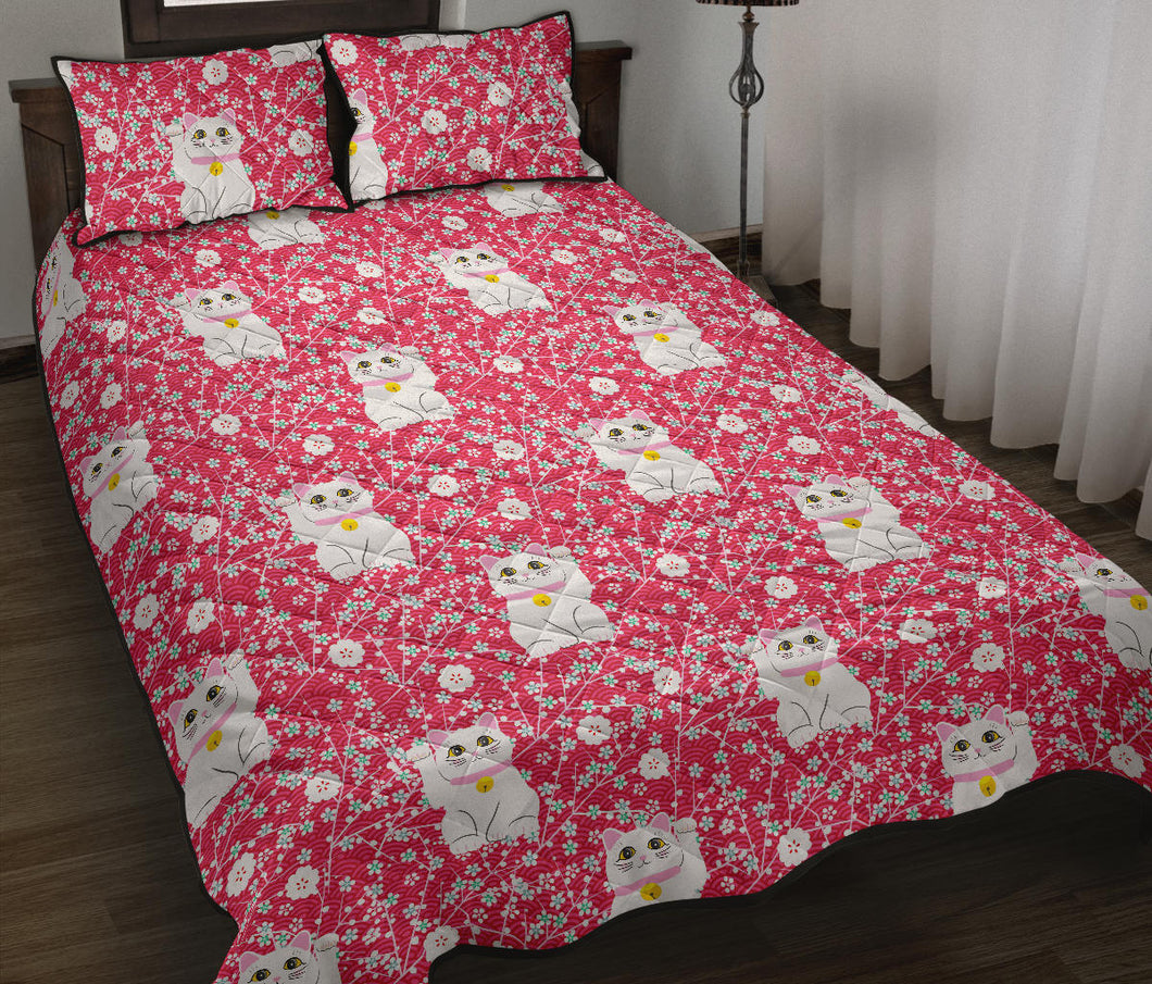 Maneki Neko Lucky Cat sakura pink background Quilt Bed Set