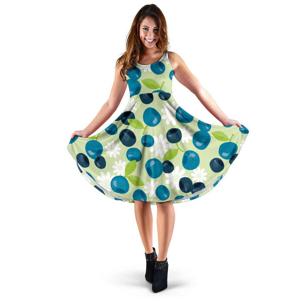 Blueberry Flower Pattern Sleeveless Midi Dress