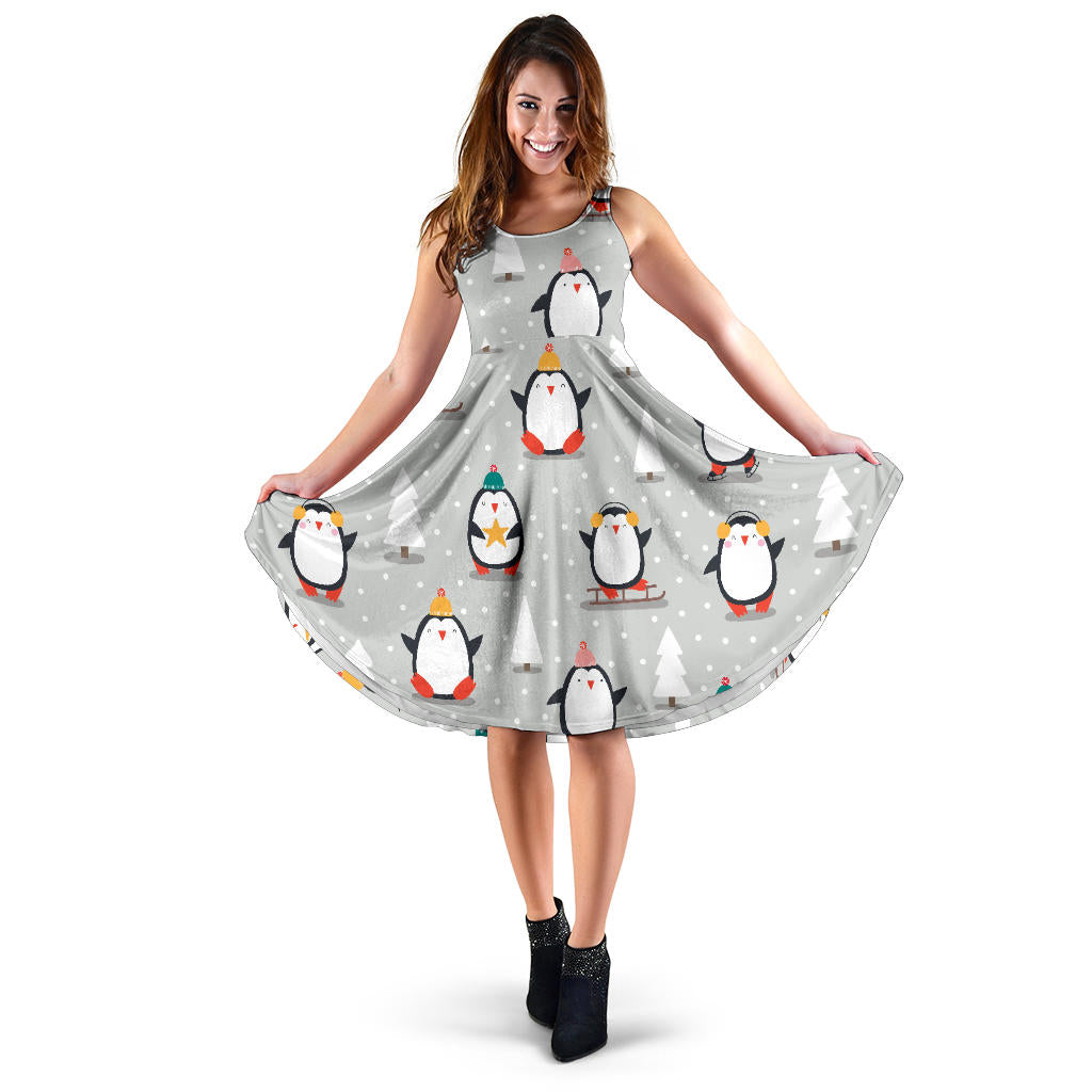 Cute Penguin Christmas Pattern Sleeveless Midi Dress