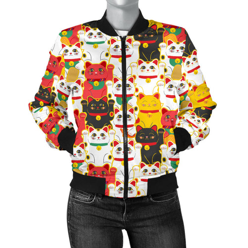 Colorful Maneki Neko Lucky Cat Pattern Women'S Bomber Jacket